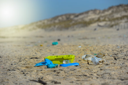 View of waste on the beachの写真素材