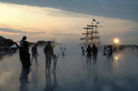 Unusual view of a boat in fogの写真素材