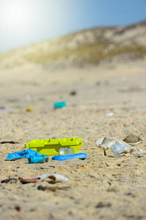View of waste on the beachの写真素材