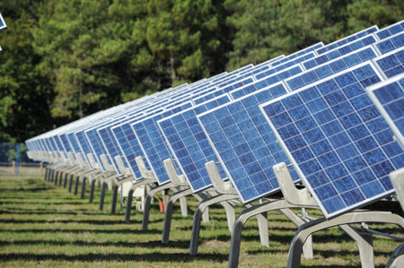 View of a solar panel field for a photovoltaic projectの写真素材