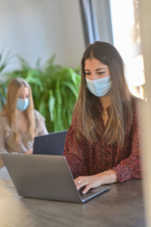 Young women friends wearing a protective mask while they are working at home and attending at a webinar on their laptop during the lockdown due to the coronavirusの写真素材