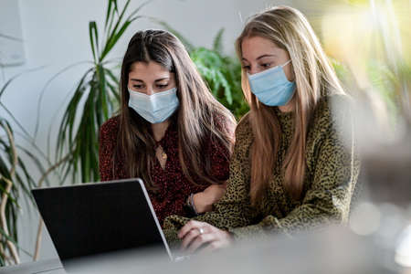 Female friends are browsing on their laptop at home or are chatting with their friends on a social network while they are wearing a protective maskの写真素材