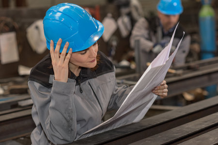 Concentrated woman worker on a industrial dimentioned drawingの写真素材