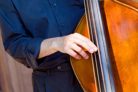 Detail view of a man playing double bass  