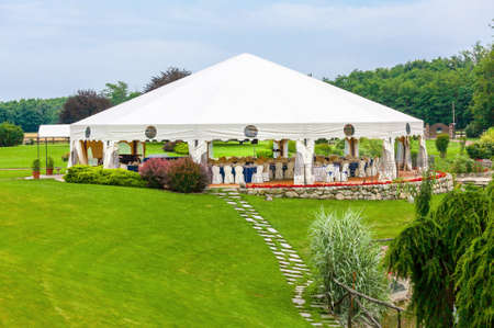 Outdoor wedding reception in tentのeditorial素材