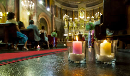 detail of beautiful flower wedding decoration in a churchのeditorial素材