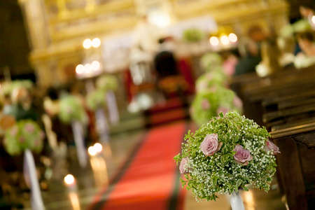detail of beautiful flower wedding decoration in a churchのeditorial素材