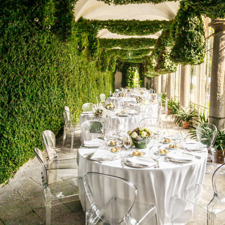 Tables decorated for a party or wedding reception