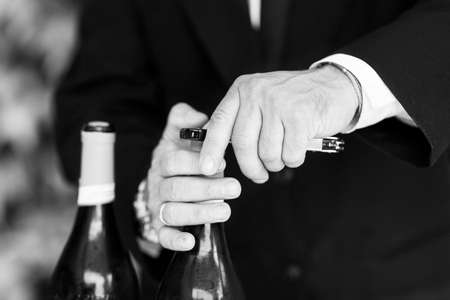 waiter pouring champagne into a fluteの写真素材