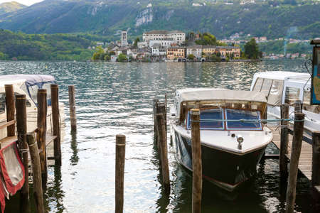 Village of Orta and the Island of San Giulio on Lake Orta, Piedmont,Italyのeditorial素材