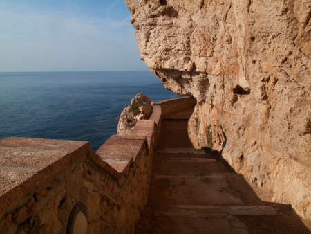 Stairways cave of Neptune Grotto in Alghero in Sardinia  italyの写真素材