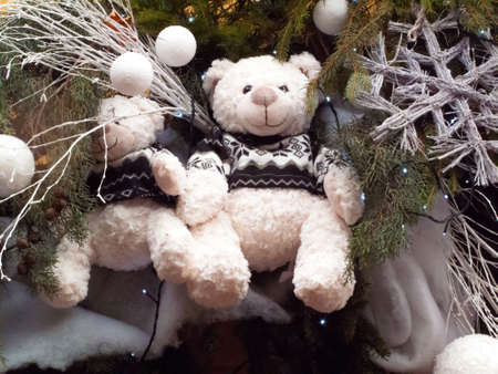 STRASBOURG, FRANCE - DECEMBER 29 2015: Christmas decoration with teddy bear in medieval city of Strasbourg which is considered as a Capital of Christmas.のeditorial素材