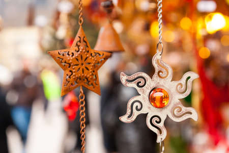 Closeup of Christmas-tree decorations at Christmas market strasbourgのeditorial素材