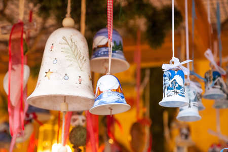 Closeup of Christmas-tree decorations at Christmas market strasbourgの写真素材