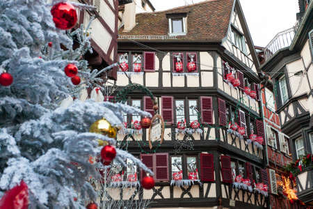 COLMAR, FRANCE - DECEMBER 29 2015: Christmas decoration with  in medieval city of Colmar Christmas marketのeditorial素材
