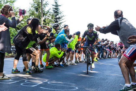 OROPA, ITALY - MAY 20, 2017: Cyclists participate in the 14Â° stage of the Giro d'Italia near the arrival at Oropa, the 100th edition of Giro d'Italia. Tour of Italy.のeditorial素材