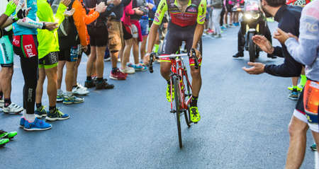 OROPA, ITALY - MAY 20, 2017: Cyclists participate in the 14° stage of the Giro d'Italia near the arrival at Oropa, the 100th edition of Giro d'Italia. Tour of Italy.の写真素材