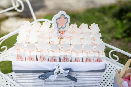 Beautiful basket and wedding confettiの写真素材