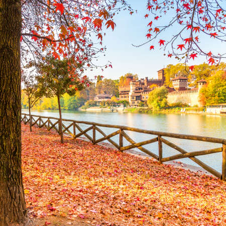 View of antique castle Borgo Medioevale riverside Po, inTurin city, Piedmont region, north Italy.の写真素材