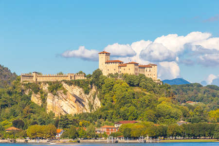 View of Castle and Rocca of Angera in front of Arona, on Lake Maggiore, Lombardy, Italy.のeditorial素材