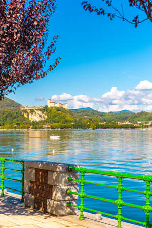 View of Castle and Rocca of Angera in front of Arona, on Lake Maggiore, Lombardy, Italy.のeditorial素材