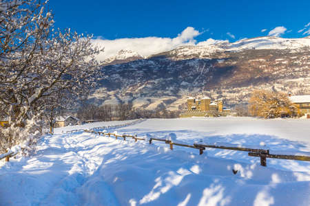 Fenis castle snow covered in winter time, Aosta Valley, Italy.のeditorial素材