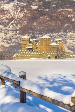 Fenis castle snow covered in winter time, Aosta Valley, Italy.のeditorial素材