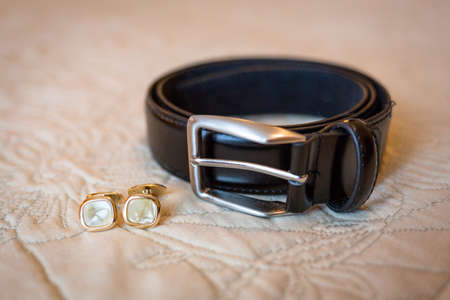 Wedding details. Groom accessories. cufflinks and  beltの写真素材