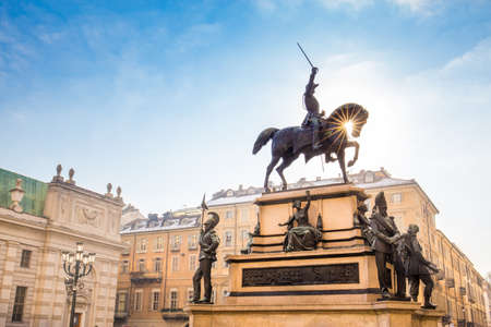 Turin, Italy - 07 December  2017. Equestrian monument to the king Charles Albert of Sardinia in Carlo Alberto square, in Turin.のeditorial素材