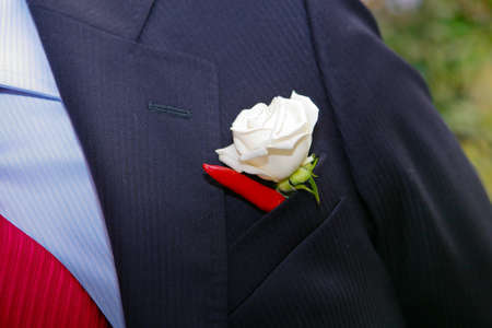 Groom in elegant tuxedo with boutonniereの写真素材