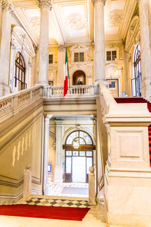 Turin, Piedmont, Italy, 19 August 2017. Interior staircase of Carignano Palace, seat of Museum of the Italian Risorgimento, in center city of Turin, north Italy.のeditorial素材