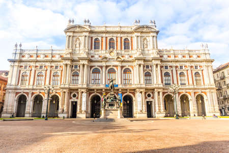 Turin, Piedmont, Italy, 07 December  2017. Facade of Palazzo Carignano on Piazza Carlo Alberto, in center city of Turin, north Italy.のeditorial素材