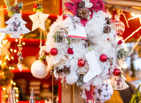 Colorful decorations on the Christmas market in Strasbourgの写真素材