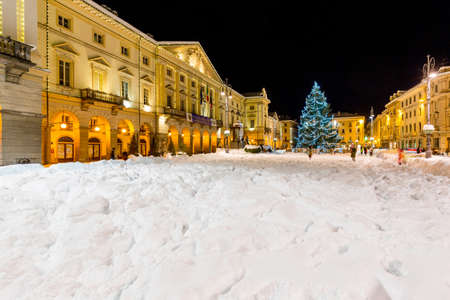 AOSTA, ITALY -  12 December 2017 .Chanoux Square and Town Hall in center of Aosta, at Christmas time.の写真素材