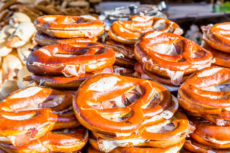Several pretzels hanging on the  typical alsatian shop