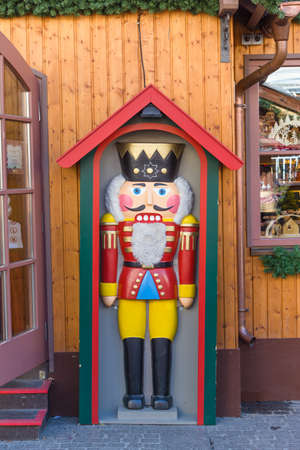 STRASBOURG, FRANCE. DECEMBER 29 2017: Christmas nutcracker toy soldier collection. Traditional wooden toy shop.のeditorial素材