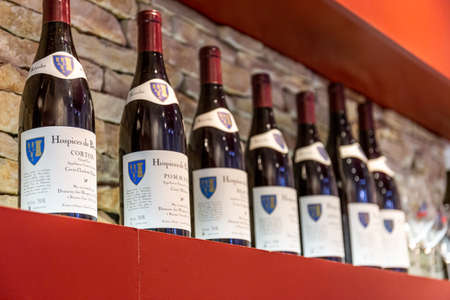 19 September 2019. View of wine bottles of Hospice de Beaune or Hotel Dieu in Burgundy region, Franceのeditorial素材