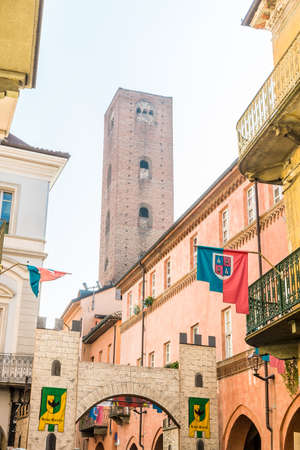 15 October 2019.  View of Sineo tower, in center of Alba, in Piedmont region, Italy