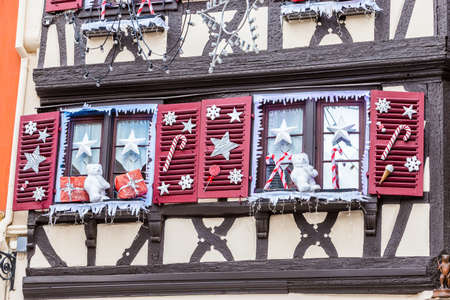 Colorful decorations on the Christmas market in Alsaceの写真素材