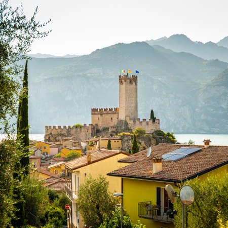 View of Malcesine Tower, on Lake Garda, Veneto, Italy.のeditorial素材
