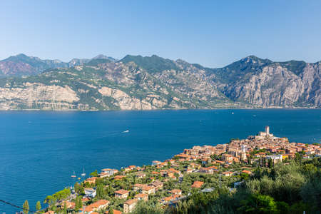 View of Malcesine Tower, on Lake Garda, Veneto, Italy.の写真素材
