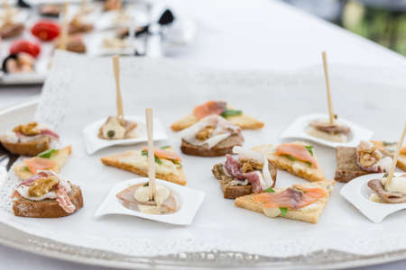 meat and fish assortment appetizers and finger foodの写真素材