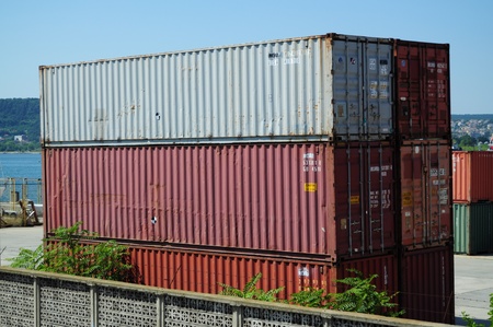 Stacked containers at harbourのeditorial素材