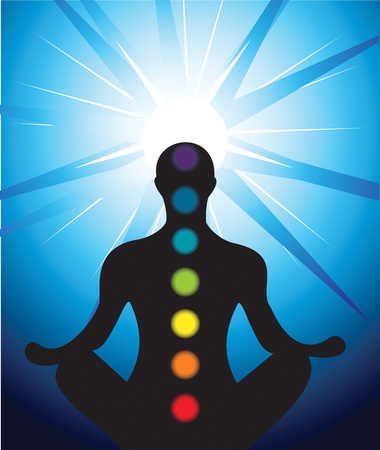 Vector illustration of male silhouette meditating with chakraのイラスト素材