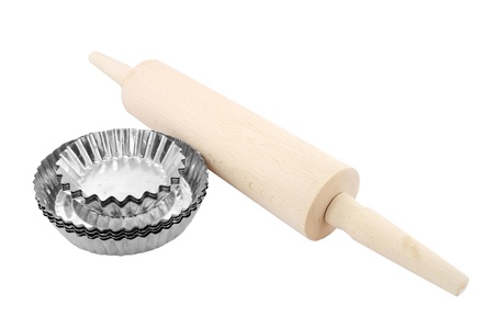 Rolling pin and baking tins isolated on whiteの写真素材