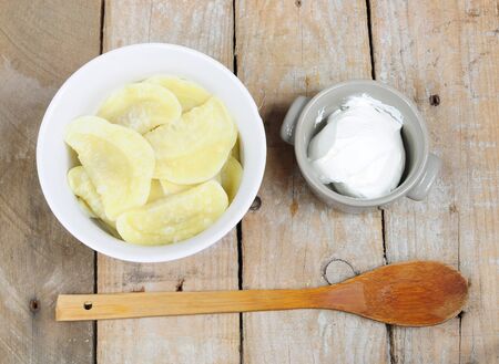 Traditional russian dish pelmeni and sour creamの写真素材