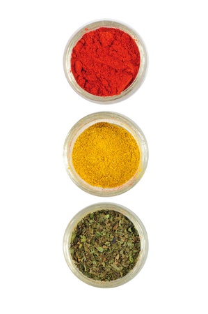 Spices arranged as traffic lights, depicting attention - spicy foodの写真素材
