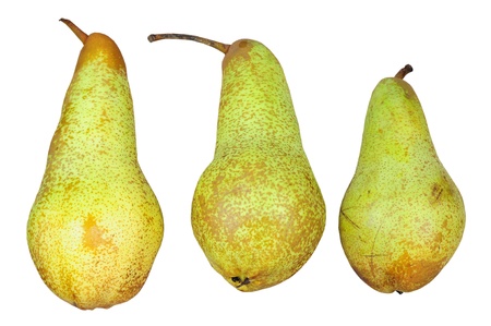 Three pears arranged isolated on white backgroundの写真素材