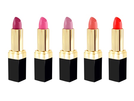 Lipstick in various colors on white backgroundの写真素材