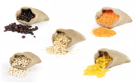 Selection of grains scattered from burlap bags on white backgroundの写真素材